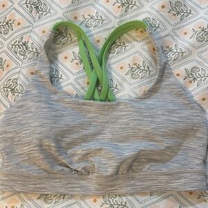 lululemon athletica Gray Striped Sports Bra with Green Crisscross Straps